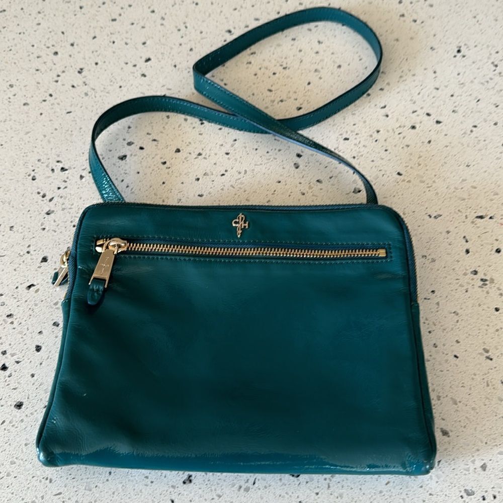 COLE HAAN JITNEY Teal Green Patent Leather Shoulder Purse Top Zip Travel Bag EUC
